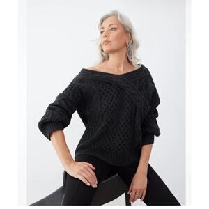 NWT $298 XL GSTQ superfine wool Cable Knit Sweater in charcoal grey